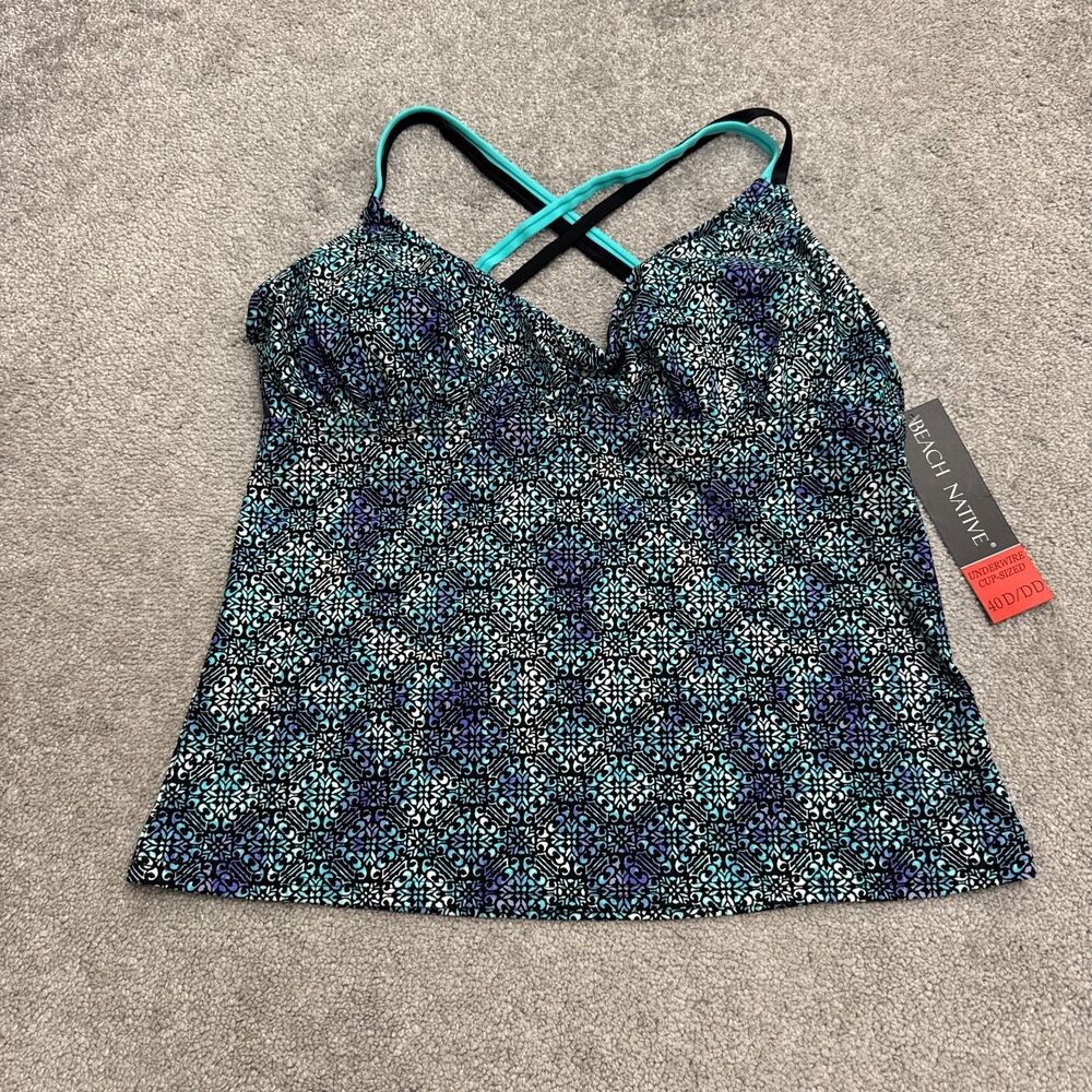 Beach Native Underwire Padded Tankini Swim Top Women 40D DD Blue Adjustable NWT
